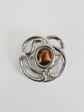 Vintage Made In England Silver Tone Celtic Knot Amber Cabochon Swirl Brooch Pin